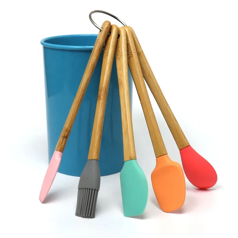 
Amazon hot selling 5pcs colorful silicone bakewares baking tools set with wooden handle for baking brush spatula scraper spoon 
