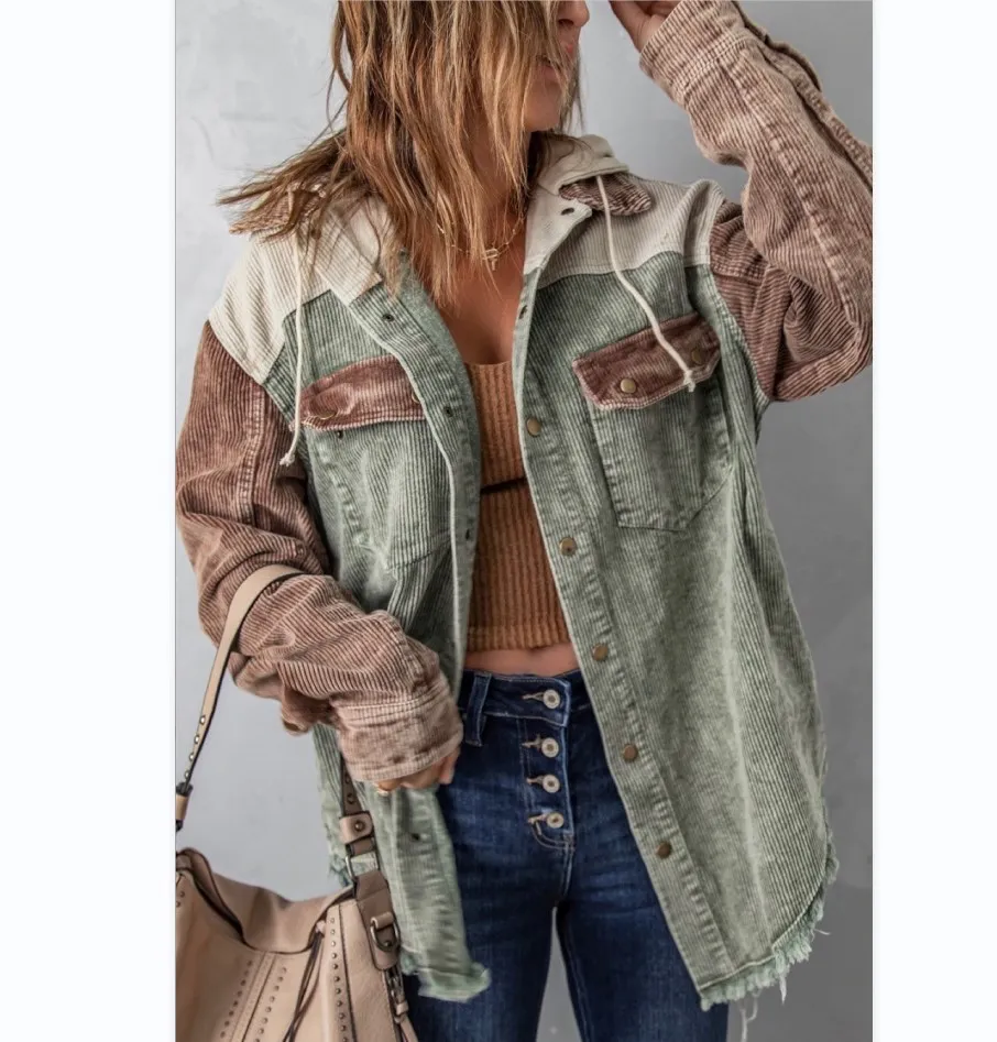 Wholesale Fall Corduroy Color Block Patchwork Open Button Winter Hoodies Jackets Women Pocket Shackets Boutique Clothing