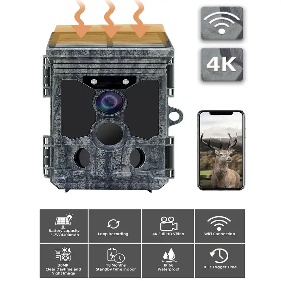 RD7010WF 4K Wi-Fi на солнечной батарее 30 МП Wild Game Trail Camera ловушки с управлением приложением 4000 мАч Li-Battery
