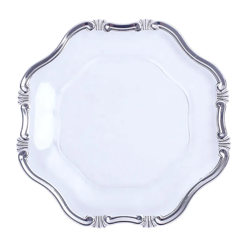 13 inch elegant wholesale acrylic plastic clear silver charger plates wedding decoration gold rim cheap plate chargers wholesale