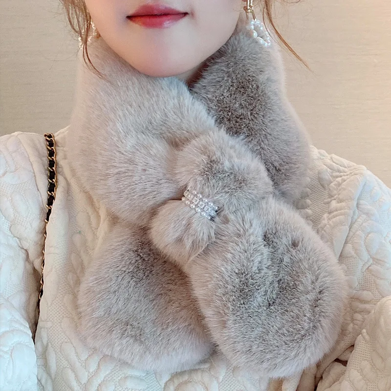 Scarf female winter Korean version of all wear protective neck small bib  Rex rabbit hair velvet collar 2021 new cross