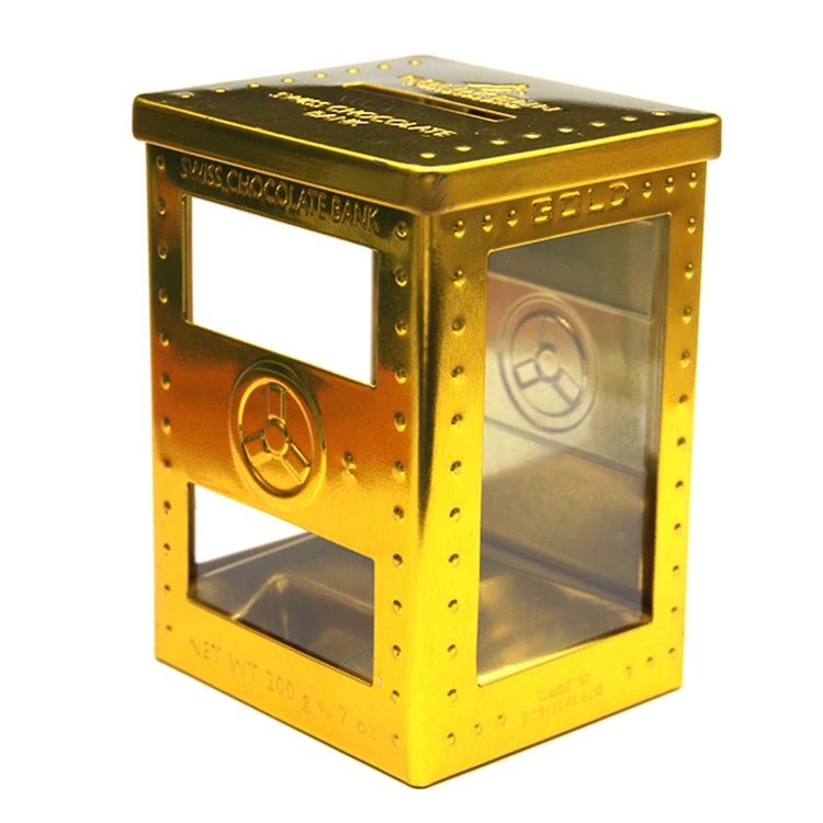 Beautiful Golden Big Rectangle Packaging Gift Tin Box Metal Money Saving Box PVC with Transparent Tinplate Gift & Craft CN;GUA