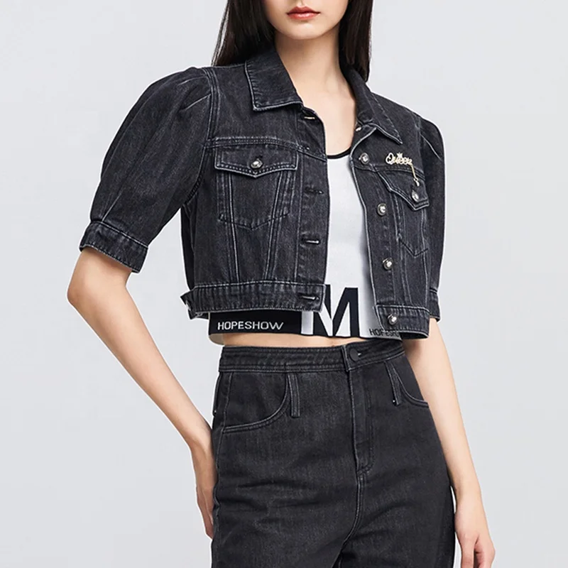 
Denim Jacket Women Factory Wholesale High Quality Black Short Lantern Sleeve Crop Jean Jackets 