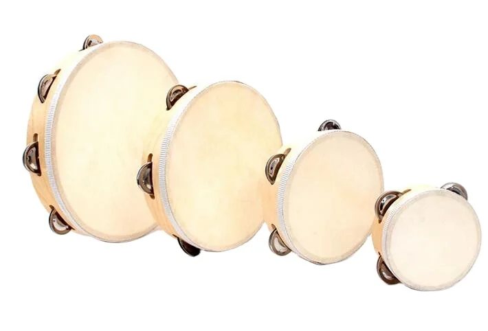 High quality wooden musical instrument toy Hand-held drum with sheepskin tambourines