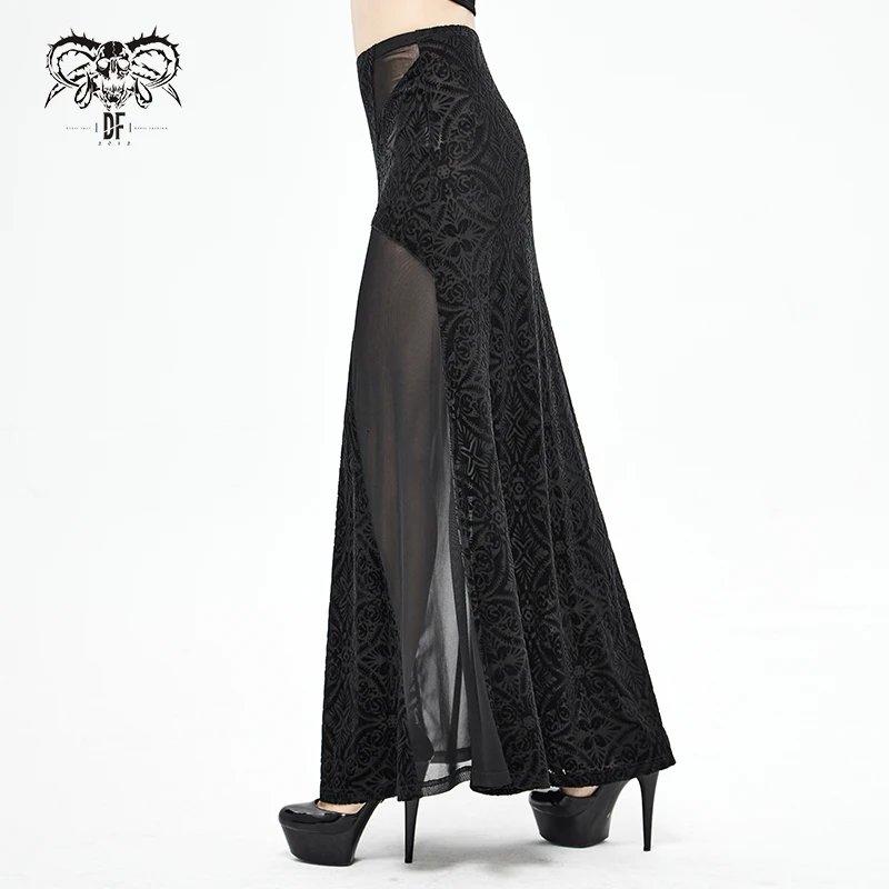 SKT068 Cross shape mesh spliced stretchy Gothic pattern sexy women velvet long half skirt