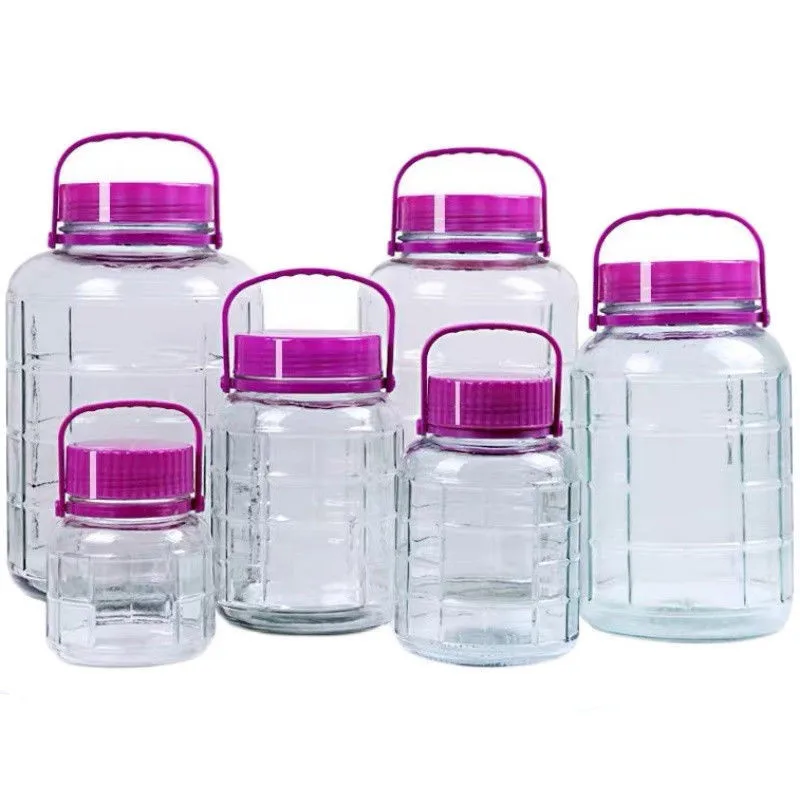 Empty Embossed  1L 2L 3L 5L 10L 12L 16L 20L 30L Glass Ferment Pickle Beverage Jar Glass Wine Pot  With Handle Lid