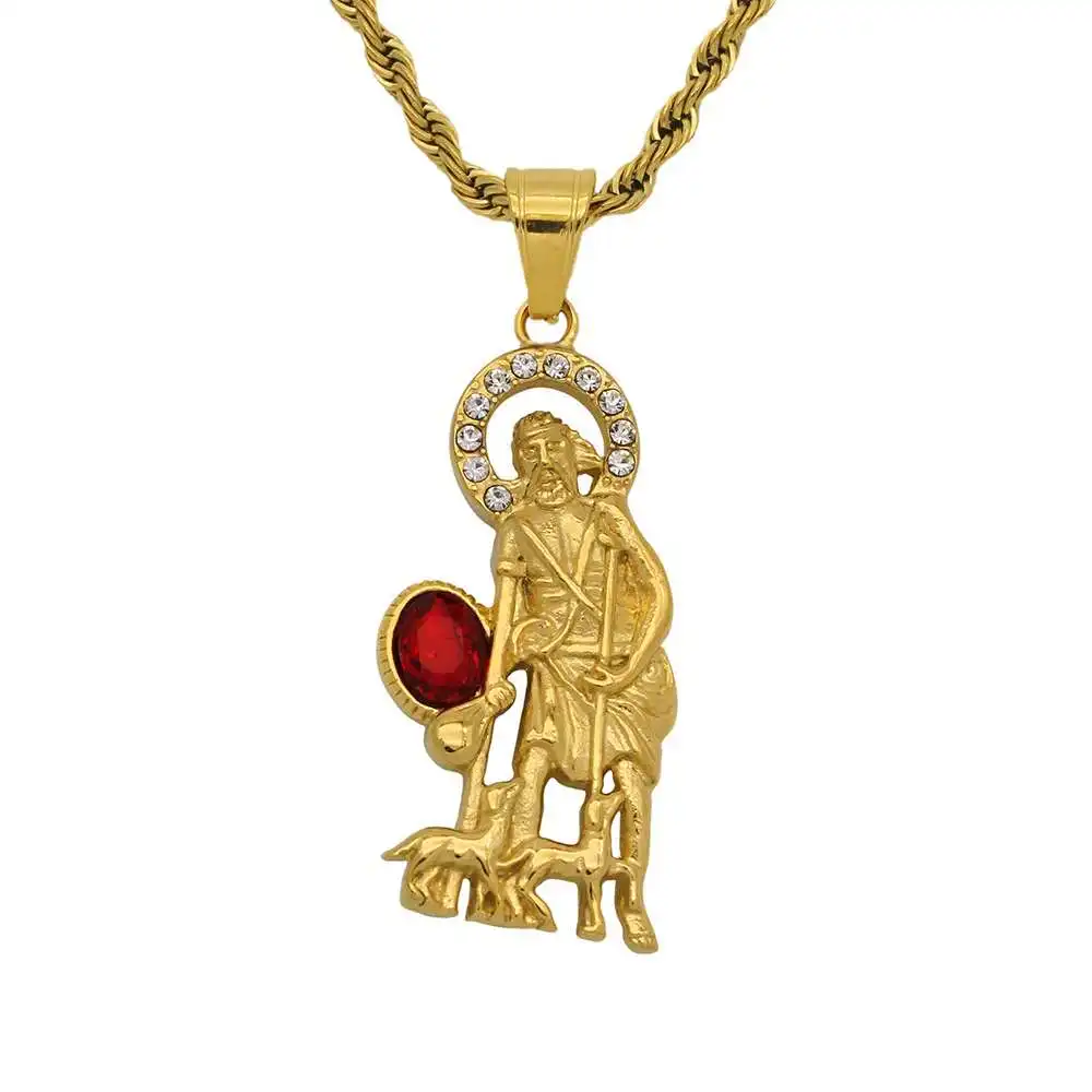 Wholesale Price Custom Logo 18K Gold Plated Religious Red Stone Shepherd Stainless Steel Pendant Necklace