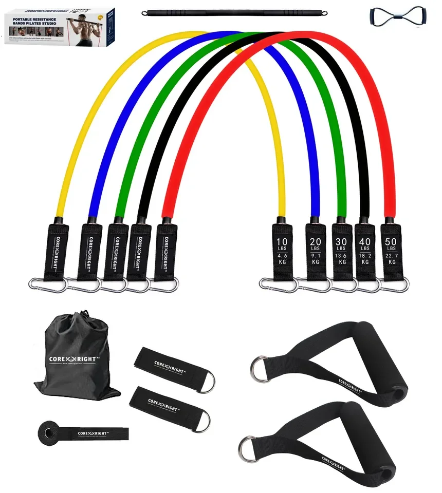 CHENGMO SPORTS 11PCS Resistance Bands Set with Workout Bar Pilates Bar Kit Exercise Elastic Bands with Handles And Door Anchor