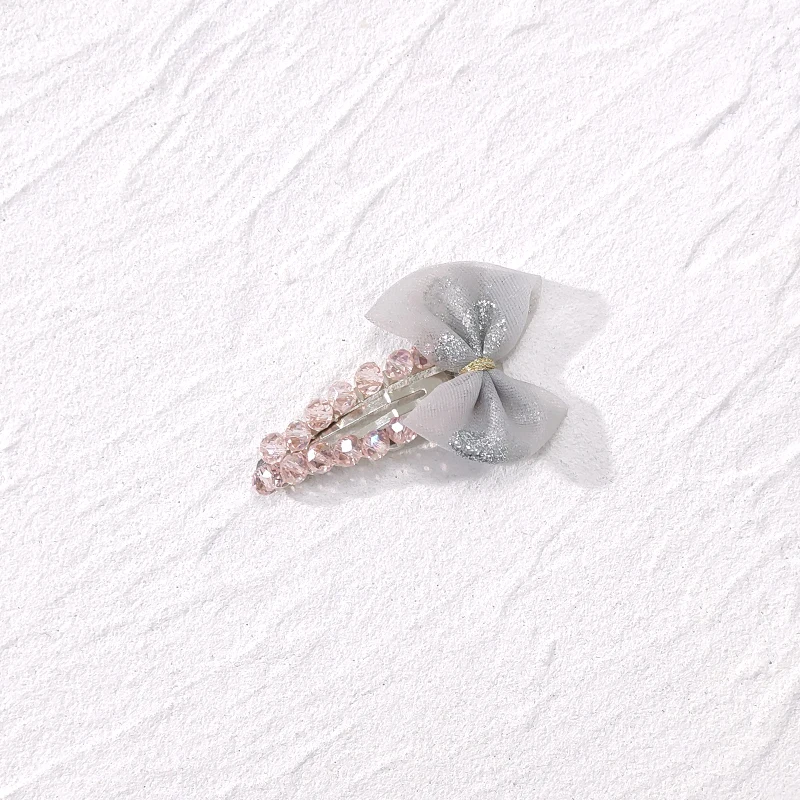 Sweet Girls Cute Pink Bow Knot Hair Pins Beaded Crystal Shining Sequins Lace Mesh Hair Clips for Little Baby Kids