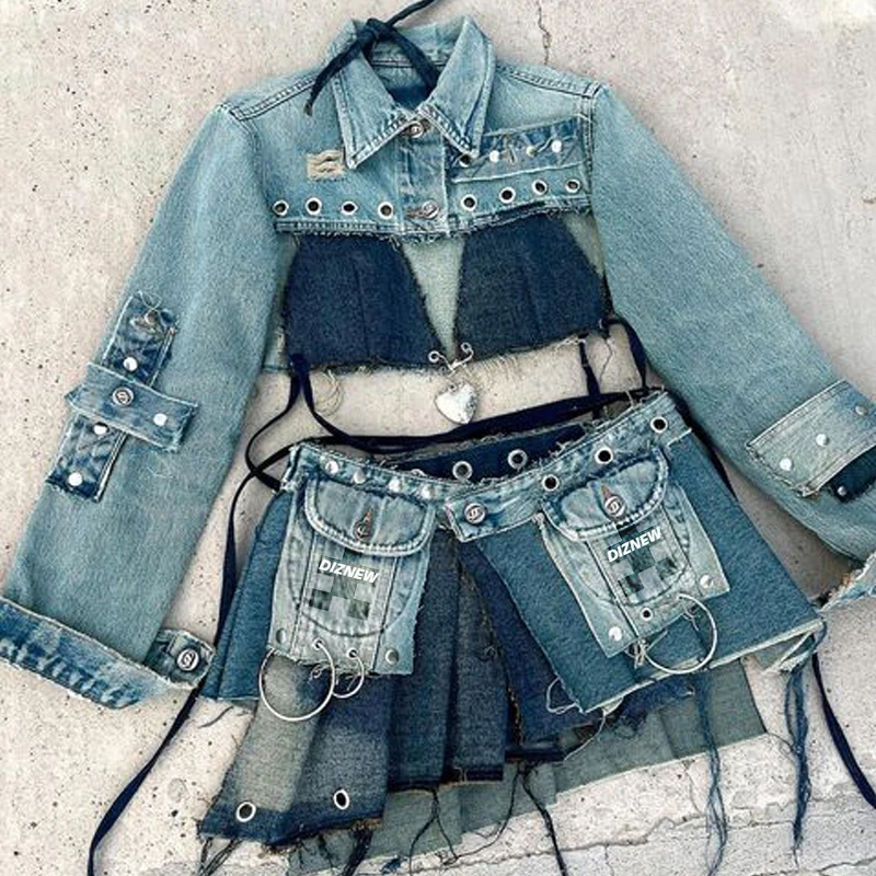 DIZNEW Custom designer fashion sexy denim skirt women y2k short denim top and denim skirt 2 piece set for women