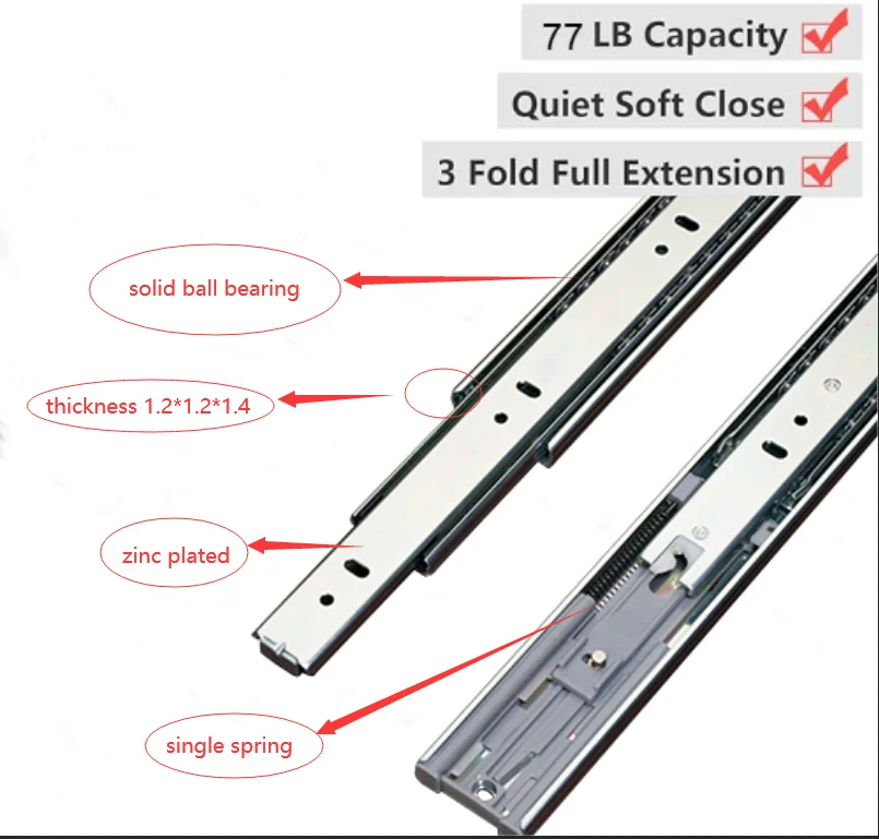 45mm soft close Ball Bearing Telescopic Slides 3 Fold Hydraulic Soft Closing Drawer Slider Rails damper telescopic channels