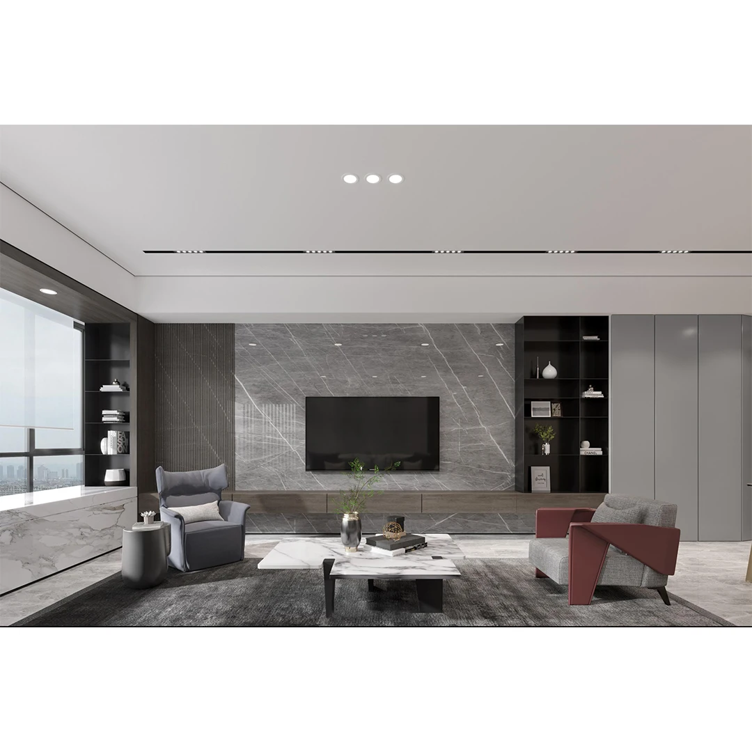 Internet celebrity new rock slab TV background wall living room marble modern simple wooden grille video wall