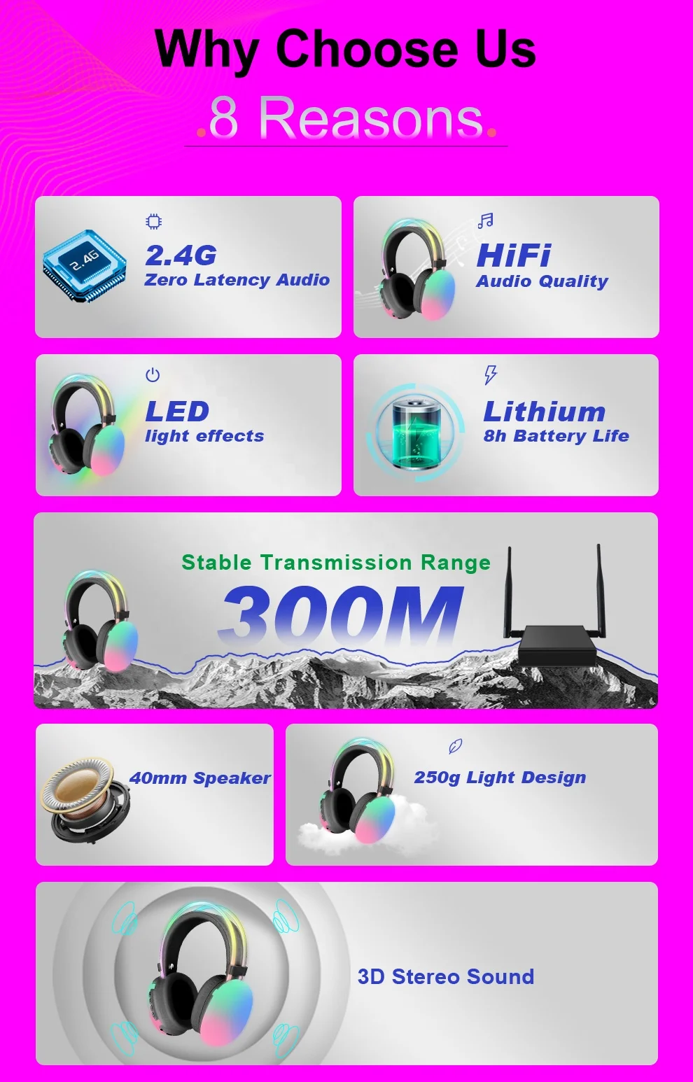 2024 NEW Design 10 pcs Silent Party Headphones LED flashing Wireless Silent Disco Headset and 1pcs silent disco transmitter 500m