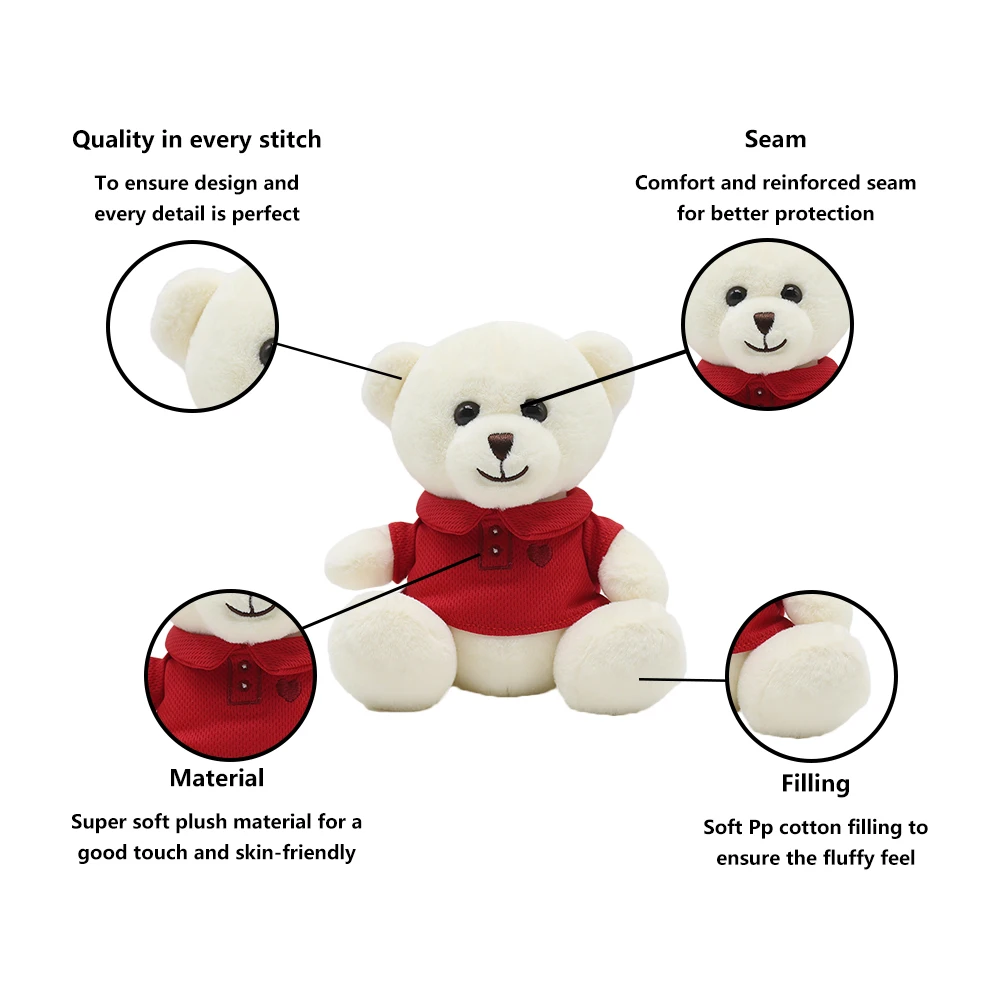 Wholesale High Quality Little White Teddy Bear Soft Toy With Red Clothes Custom Cute Small Plush Stuffed Animal Teddy Bear Toys