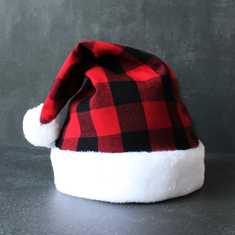 Fabric Polyester Buffalo Black Red Plaid Christmas Santa Hat  For Adults Xmas Holiday Party Supplies