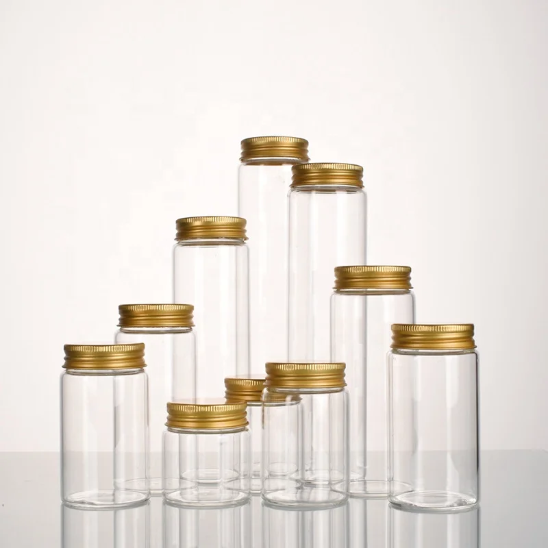 Ru Star Empty Round Clear 47mm Diameter Borosilicate Vitamin Supplement Container With Gold Aluminum Lid
