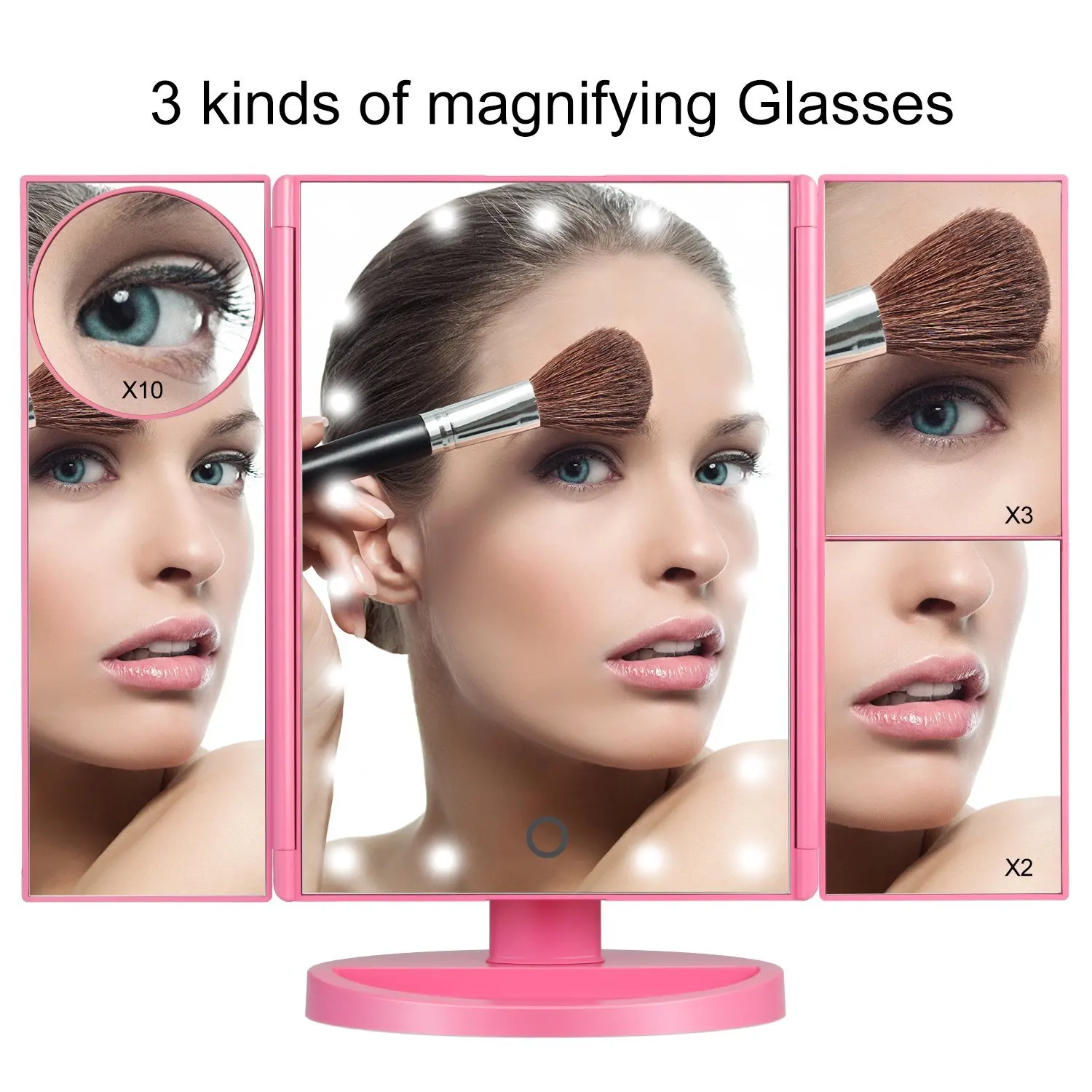 dimmable touch sensor tabletop trifold cosmetic mirror 3 folding led vanity mirror for makeup