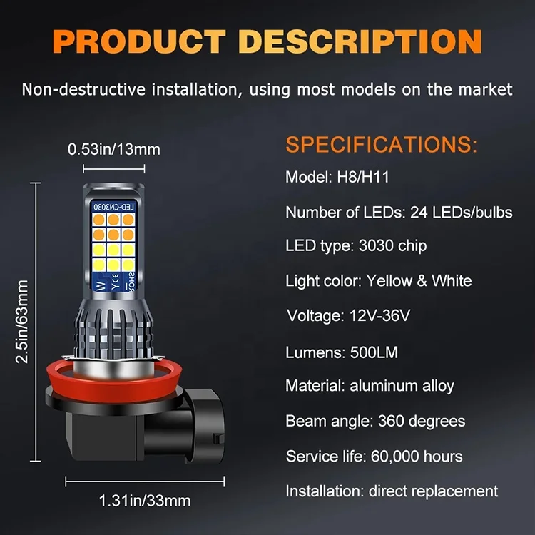 Dual Color LED Car Headlight Bulb H11 Fog Driving Light 24smd 3030 Auto accessories Lighting system DRL lamp