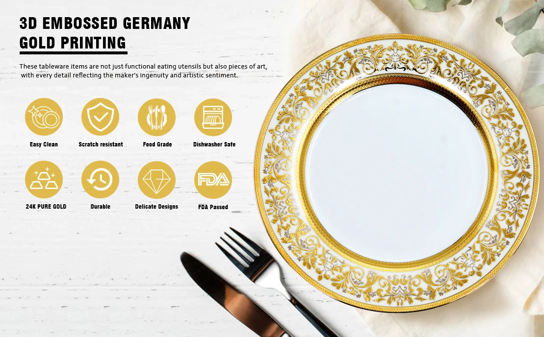 10.5inch with 8inch bone china dinner plate porcelain luxury gold decoration party wedding hotel banquet dish plates sets