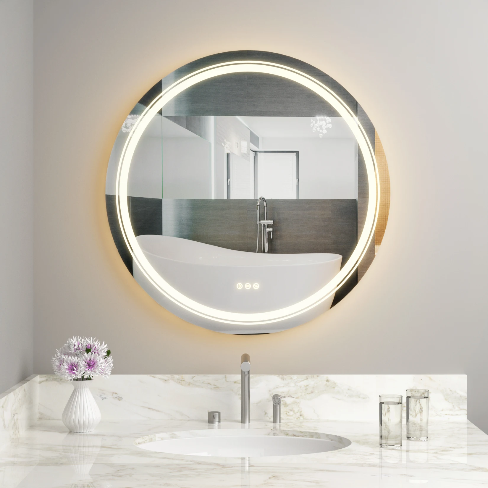 Modern Illuminated LED Bathroom Mirror with Lights Demister and Sensor Wall Mounted 80x80cm