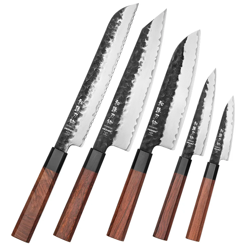 New 5Pcs Professional Kitchen Knife Set 10cr Core Stainless Steel Natural Red Wood Buffalo Horn Japanese Knives Gift