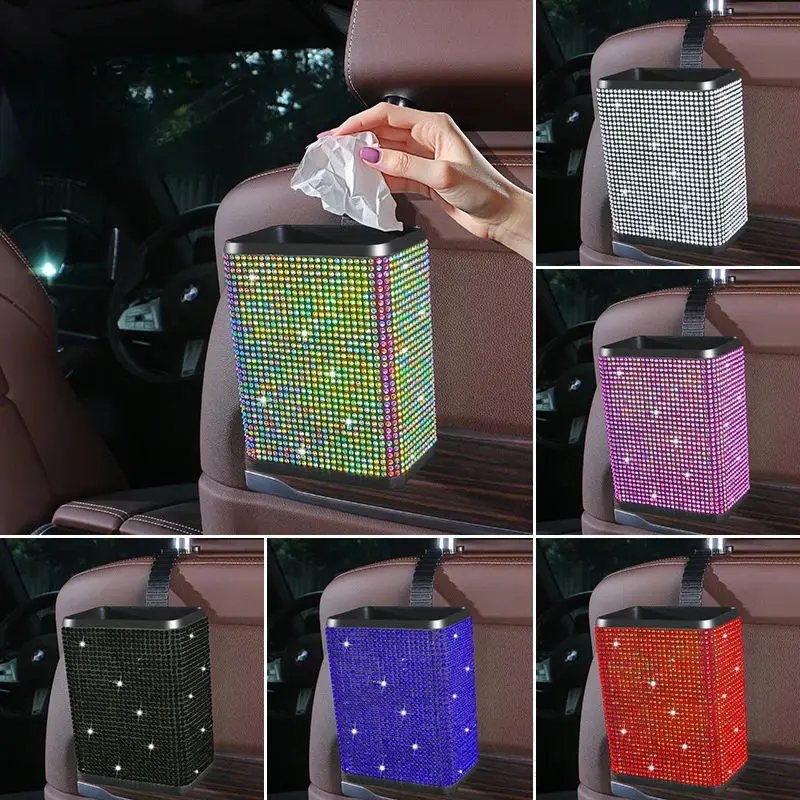 2024 New Plastic Trash Can Car Seat Back Hanging Storage Box Car Interior Organizer Bling Garbage Can
