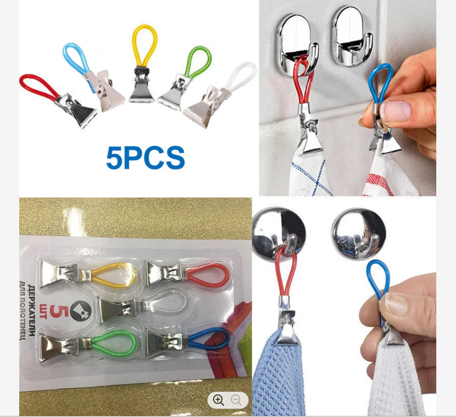 5Pcs Tea Towel Hanging Clips Clip on Hooks Loops Hand Towel Hangers Hanging Clothes Pegs Household Kitchen Bathroom Organizer