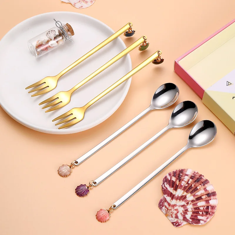 New 304 Stainless Steel Coffee Spoons Fruit Forks Gift Box Set of 6 Creative Shell Dessert Picks Household Cake Fruit Fork Spoon