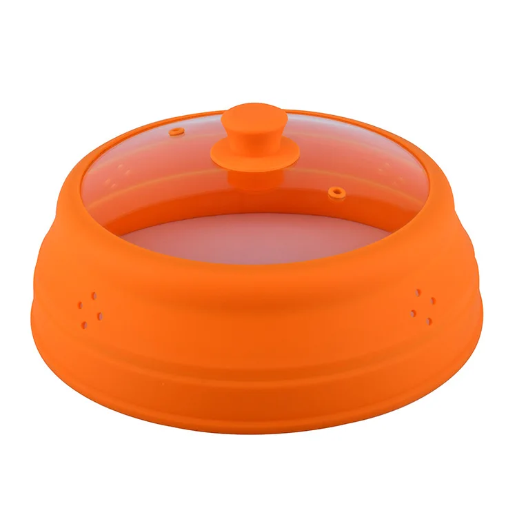 Microwave Splatter Cover Glass Guard Lid with Collapsible Silicone for Food Pot Plate 10.5 inch Black