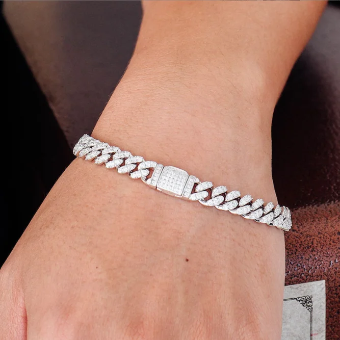 Hip Hop Silver Moissanite Cuban Link Bracelet 6mm 8mm Width Vvs Loose Diamond Iced Out Cuban Chain