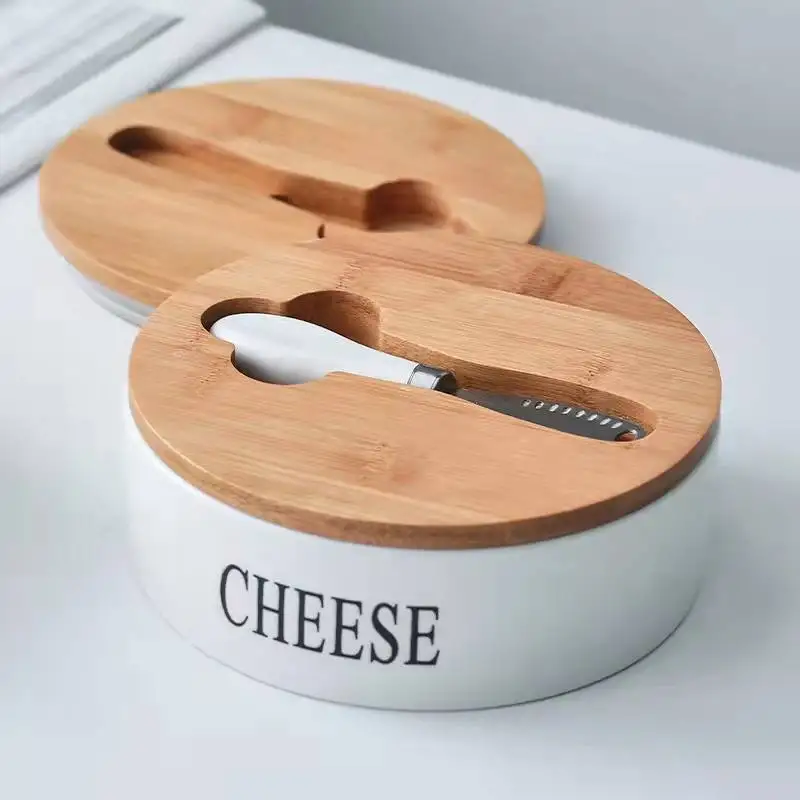 Nordic Triangle Butter Box With Knife Lid Ceramic Container Cheese Food Container Tray Flat Dish Storage Container Box