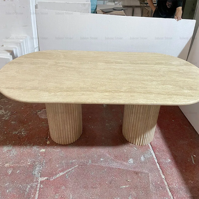 Customized New Modern Furniture Honed Natural Stone Oval Italian Beige Travertine Two Fluted Bases Dining Table