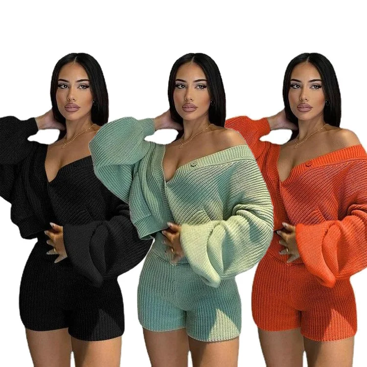 Trendy Women Clothing Sweater Cardigan Set Knitted  Crop And Short Pants Set Solid Sweater 2 Piece Short Set