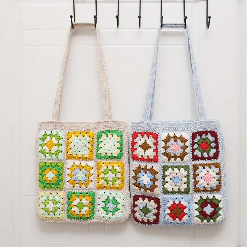 New Arrival Designer Handmade Retro Knitted Bag Granny Square Purse Bohemian Crochet Tote Bag