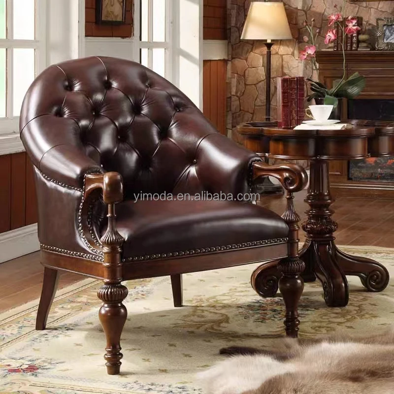 Vintage American style solid wood carved chair French luxury chesterfield brown leather Armchair living room armchairs