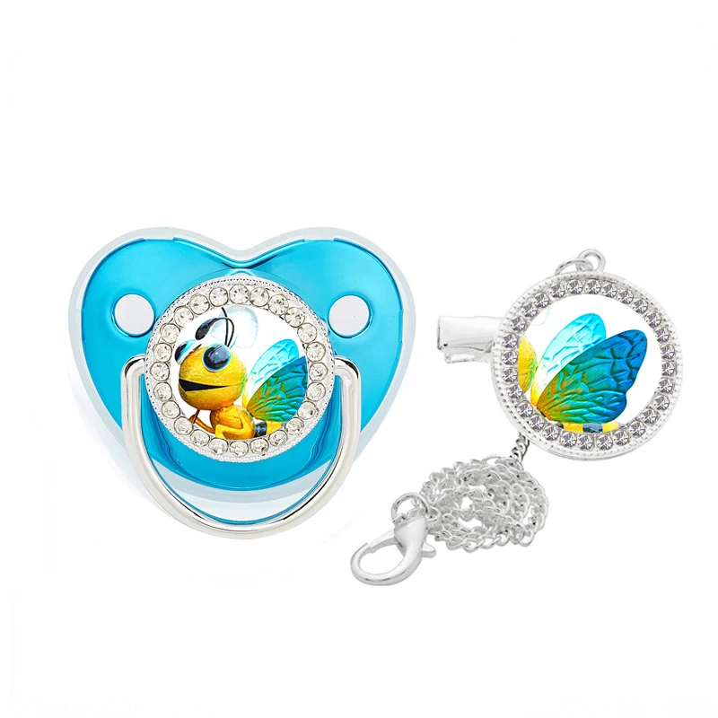 Dollbling Personalize Golden Bee Blue Wing Gold Chain Round Dummy Weaning Pacifier for Baby Shower