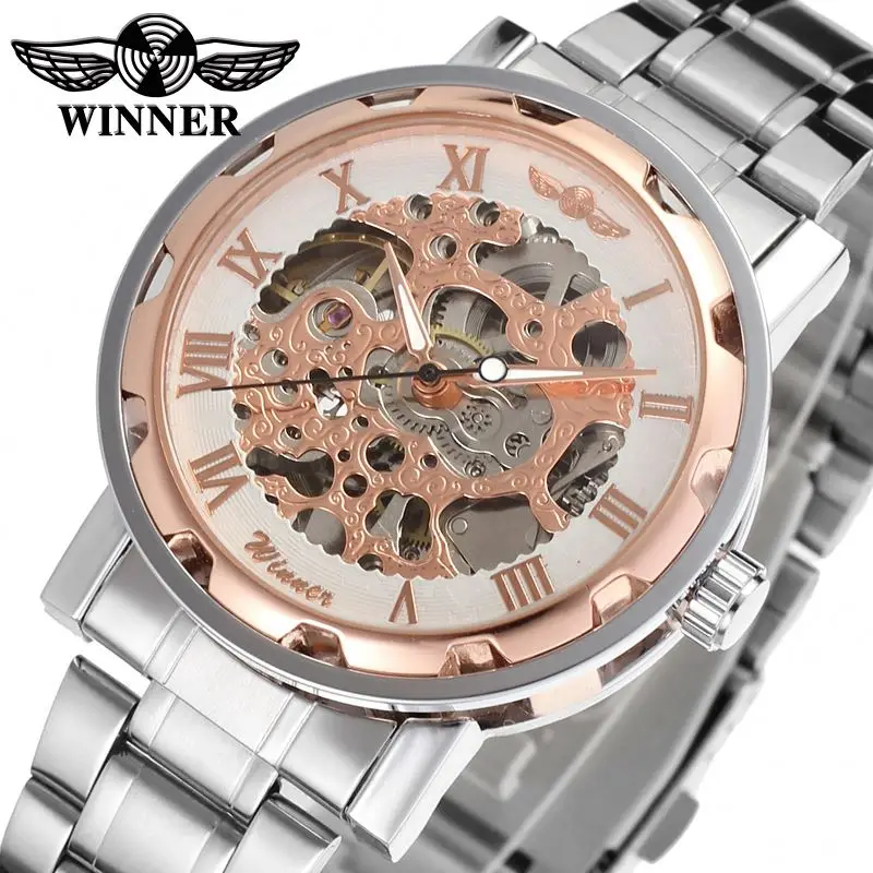 WINNER 8008 classic silver male mechanical watch low cost Stainless steel band water resist auto transparent moq 1 watch kit