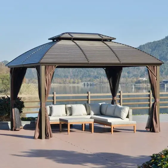 Outdoor Aluminum Gazebo Double Roof Permanent Patio Gazebo Canopy with Netting and Curtains for Garden Patio Lawns Parties