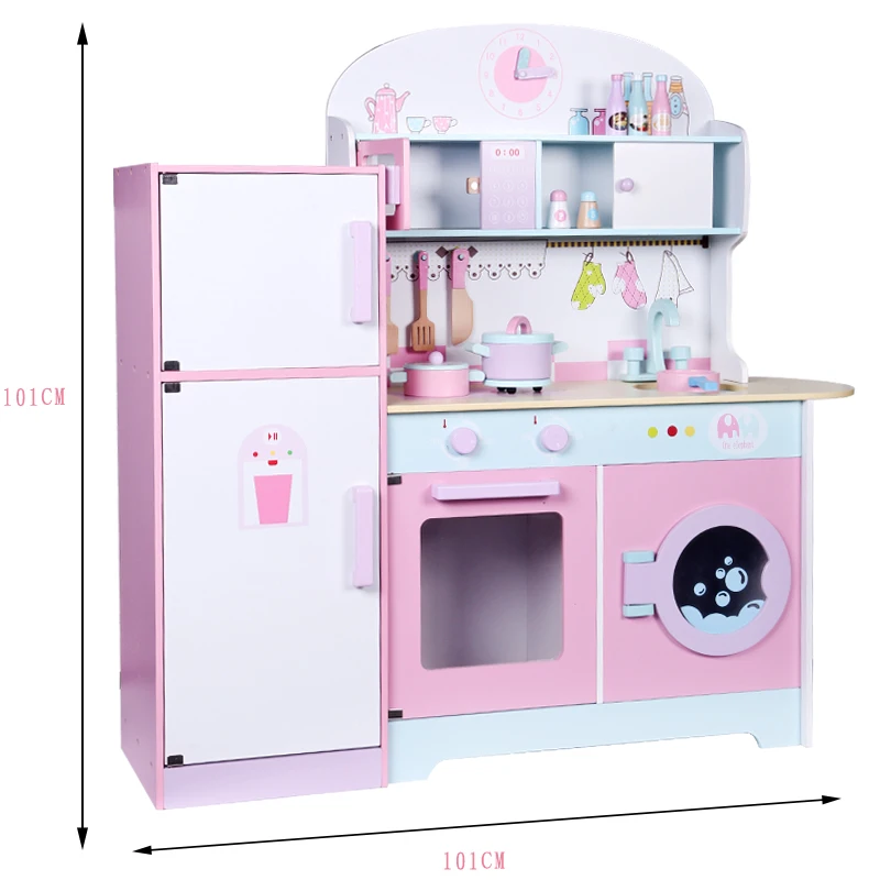 
New shape hot sale wooden kitchen set toy Large size wooden refrigerator kitchen toy pink color girl kitchen set toy MSN18023 