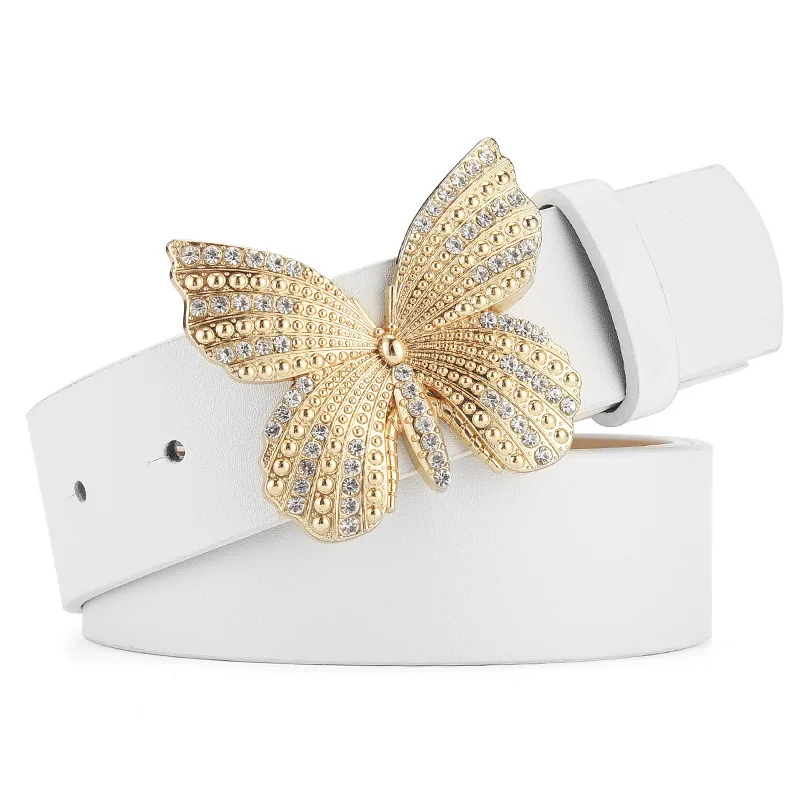 Black Brown White Fashion Rhinestones Butterfly Buckle Belt Womens Synthetic Leather Belt For Jeans