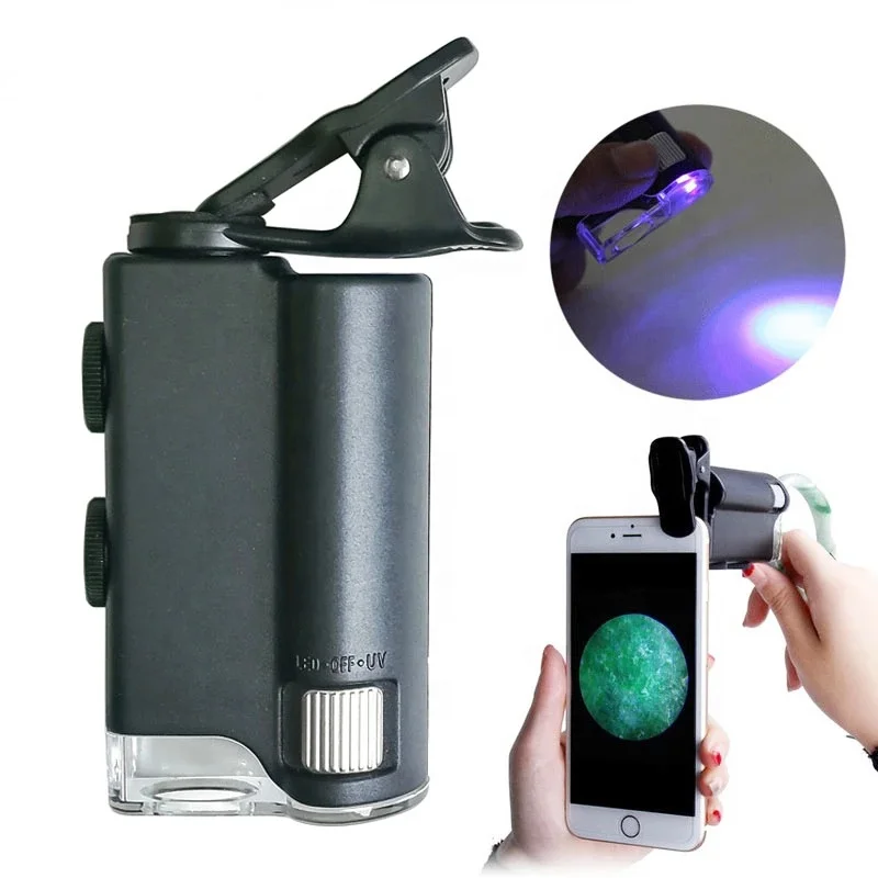 60X/100X Mobile Phone Microscope with Cell Phone Clip Pocket Magnifying Glass LED UV Light Jade Identification