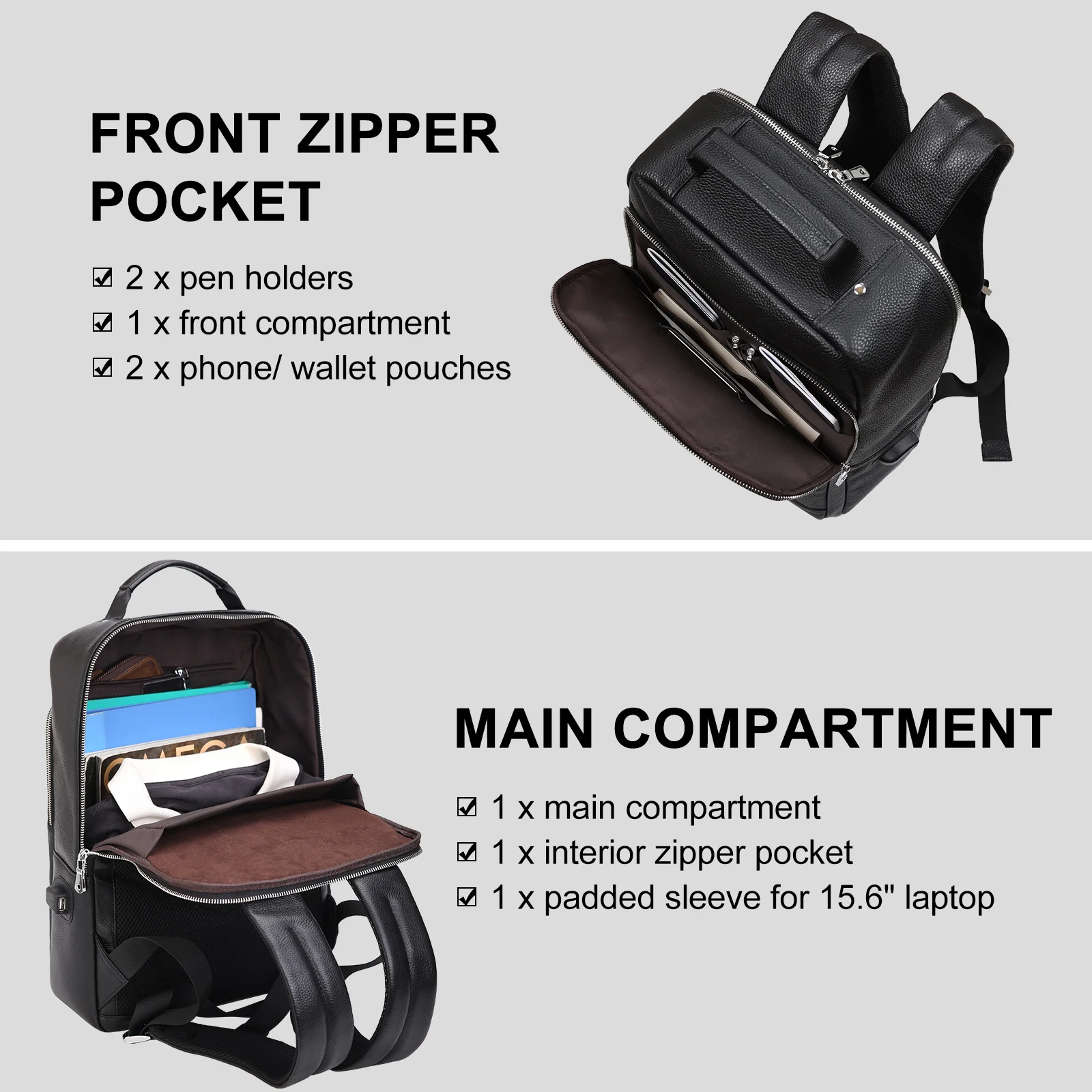Custom Logo 15.6 Inch Cowhide Laptop Backpack Vintage Style Stock Black Full Grain Leather With USB Charging Port Casual Travel