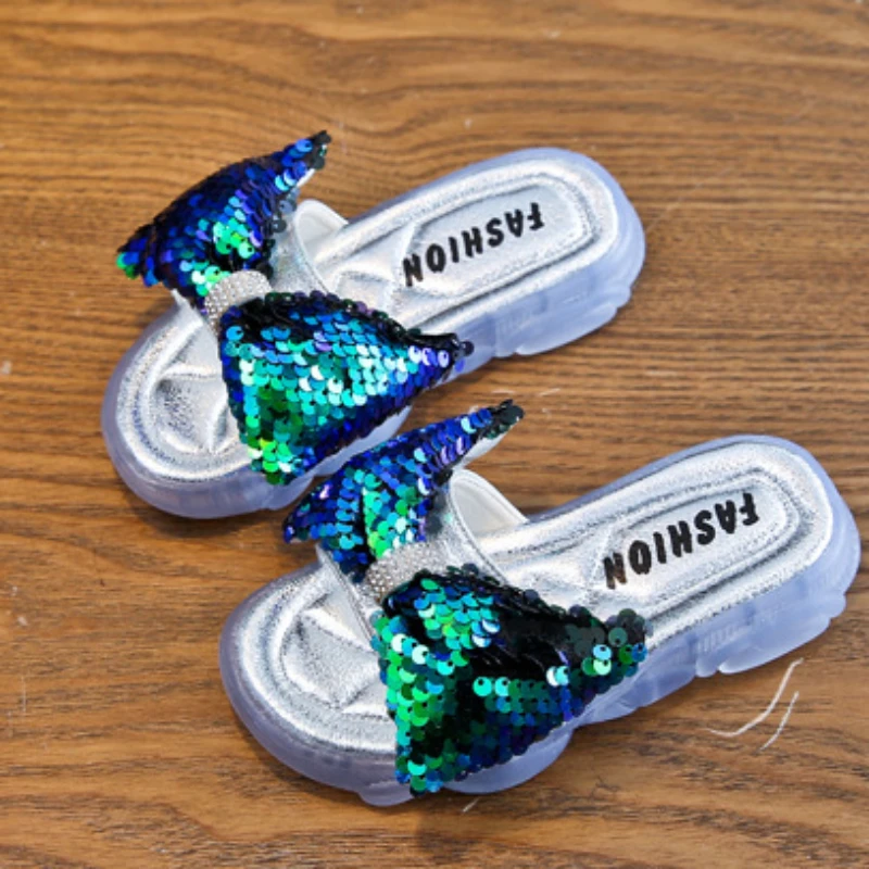 
Fashion Kids Girls Outdoor Glitter Bling Bow Slides Sandals Slippers Summer Soft PVC Jelly Slippers Shoes Manufacturer 