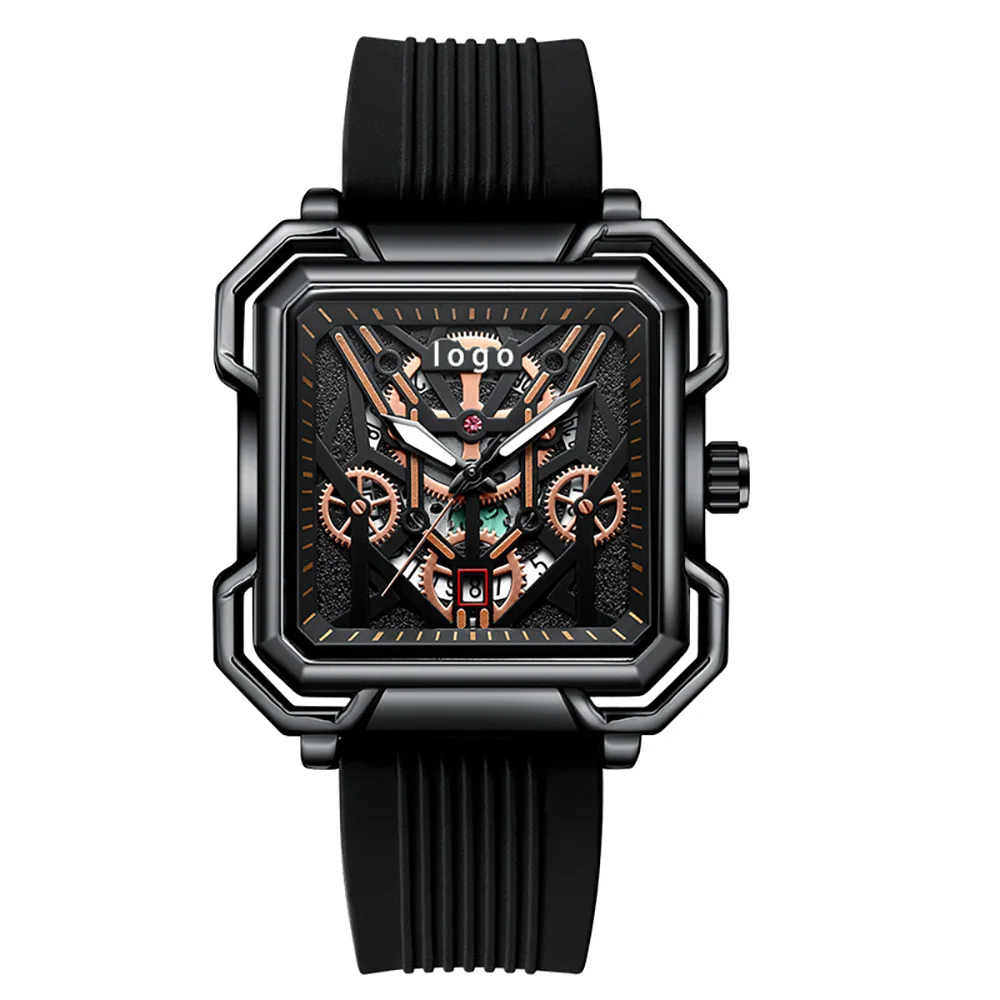 China Skeleton Dial Design Wristwatch Sport Square Fashion Business Quartz Watch Luminous Waterproof Casual Men Watches