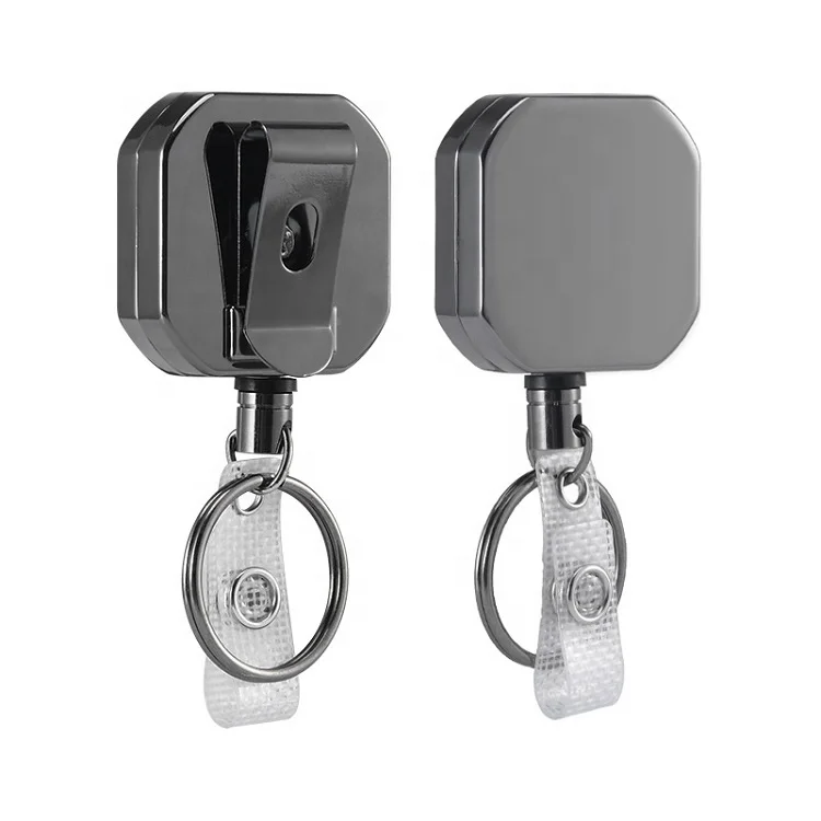 Heavy Duty Square Metal Retractable Badge Reel Metallic Pull Wire Cable Keychain Reel for ID Badge Card Holding