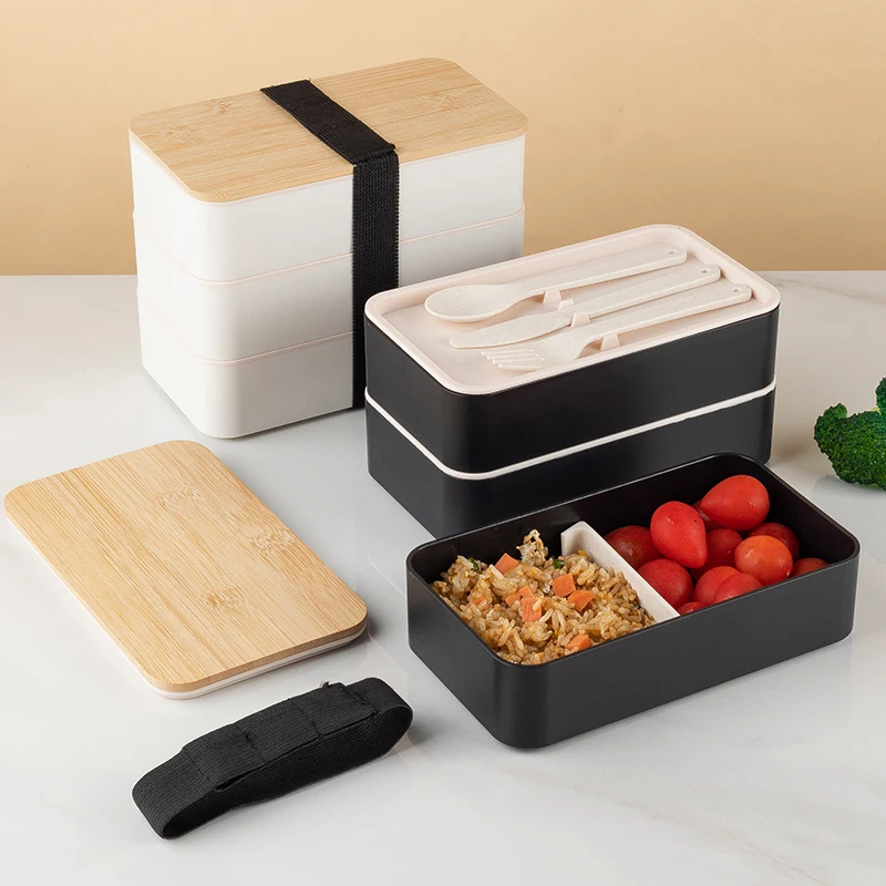 Bento Lunch Box With Divider and Cutlery Lunch Containers for Kids Bamboo Fiber Double Layer Lunch Box with Bamboo Lid