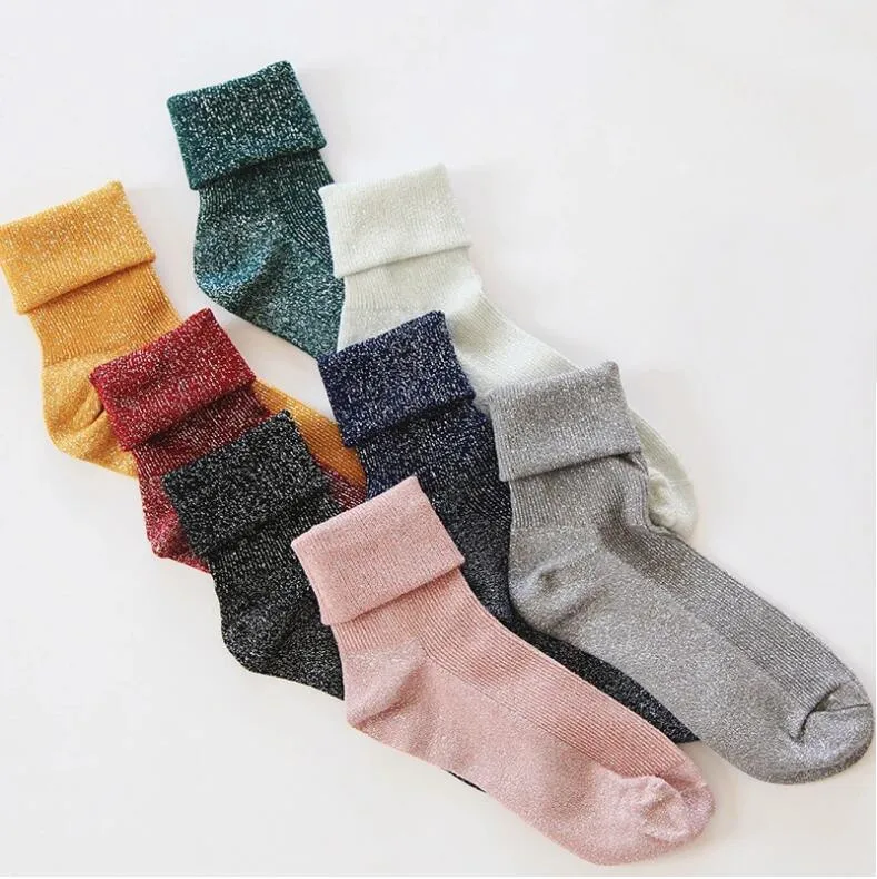 Winter Cotton Solid Woman Socks Fashion Female Student Thick Warm Socks Designer Luxury Shiny Socks