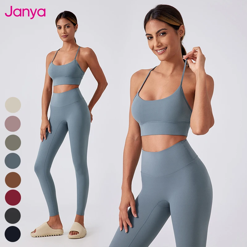 Janya Custom Logo Athletic Wear Fitness Gym Home Training Suits Removable Pads Y Back Yoga bra And No Front Seam Leggings Sets