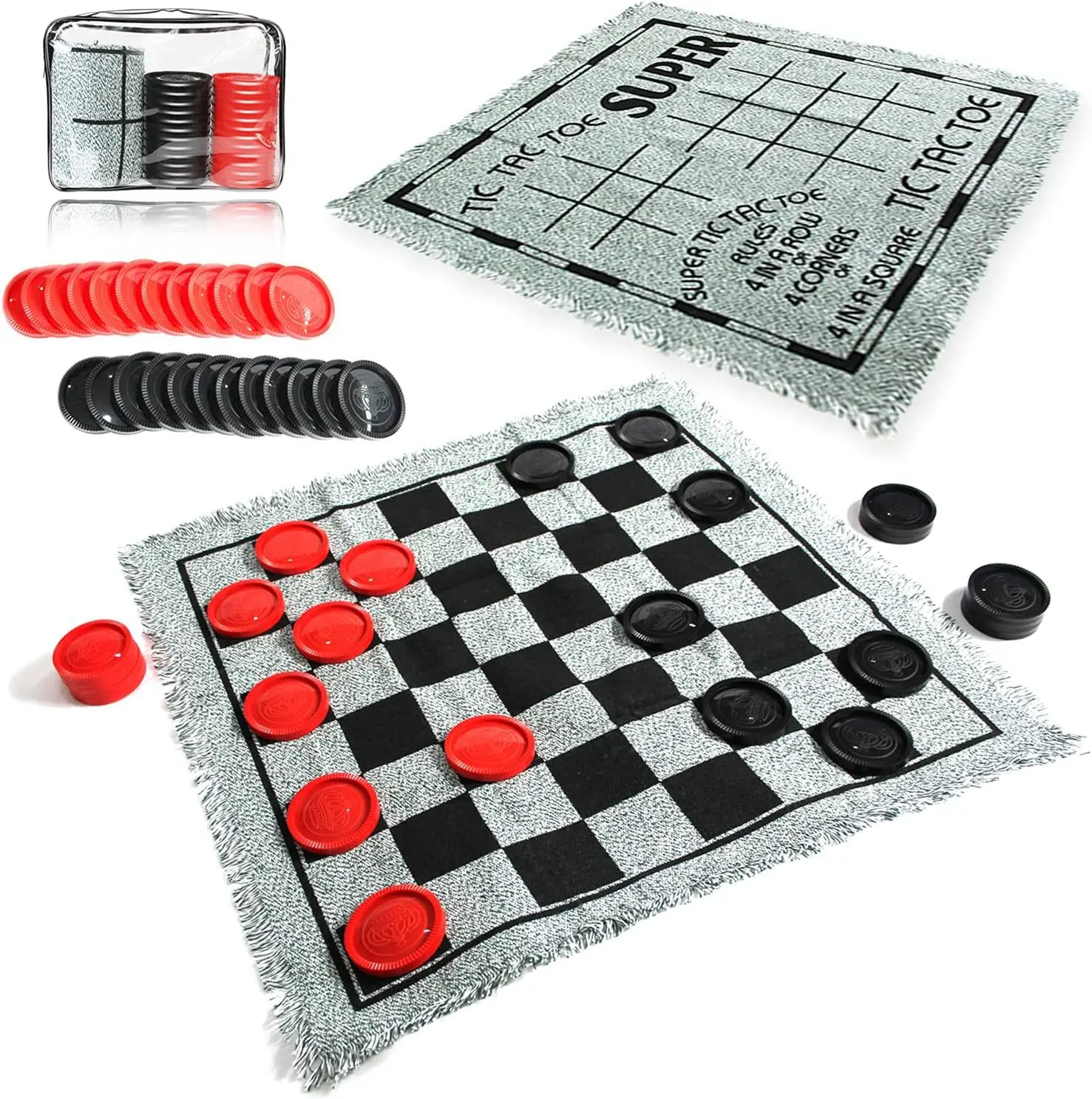 Outdoor Toys Family Games Giant 3-in-1 Checkers and Super Tic Tac Toe with Rug Classic Checkers Board Game for Kids