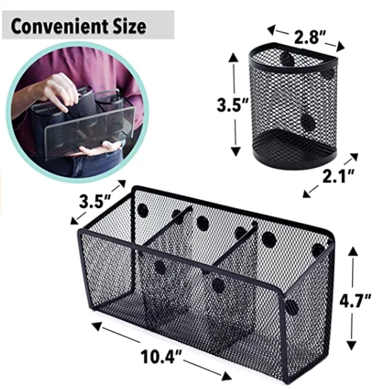 Office Supplies Black Magnetic Pencil Holder (4-pack) - Strong Magnet Wire Mesh Storage Basket Organizer Organizes Pens, Pencils